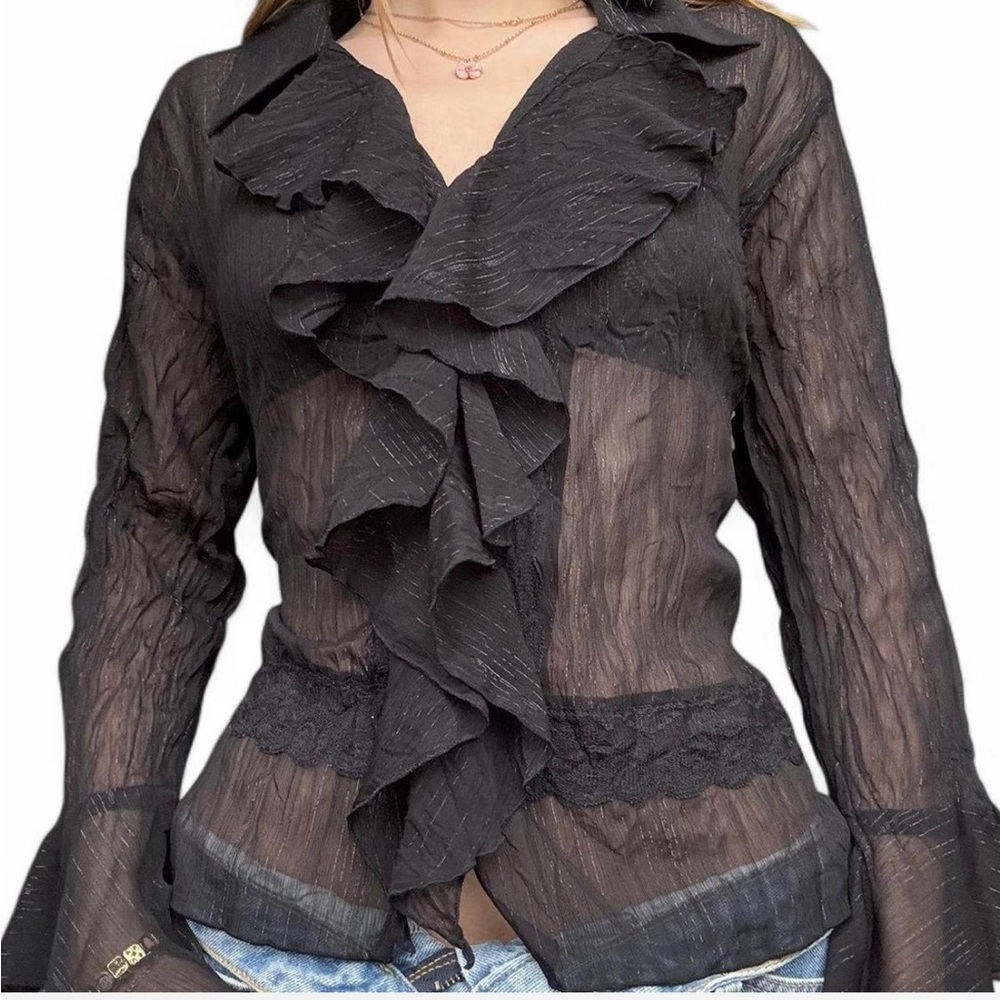 Black vintage jaipur ruffle blouse with bell sleeves